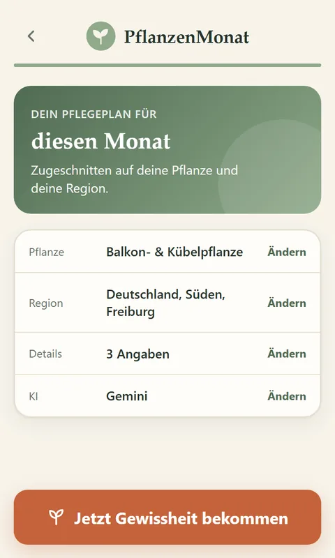 PflanzenMonat-App: Button Jetzt Gewissheit bekommen
